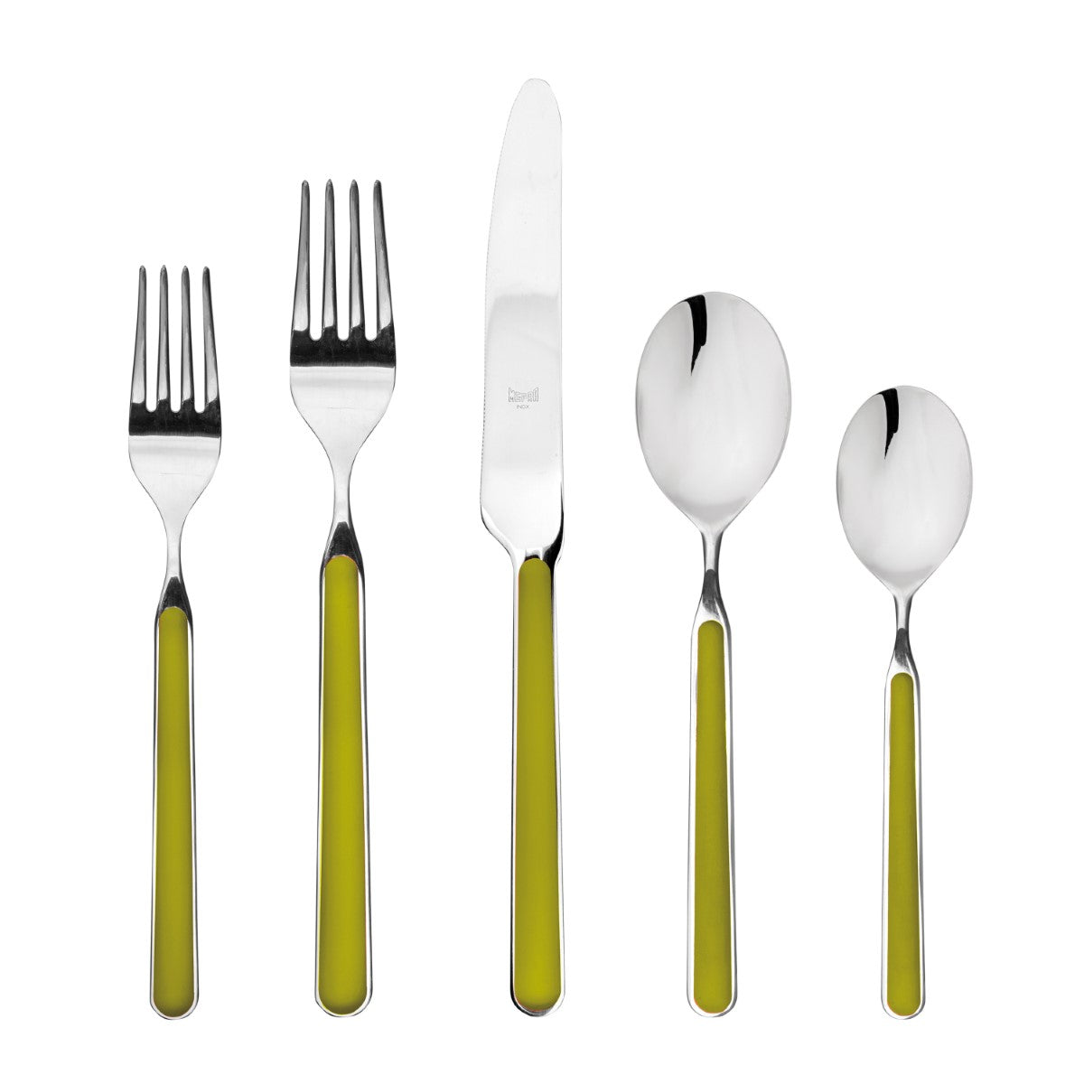 Set of silver cutlery with green handles on a white background