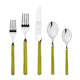 Set of silver cutlery with green handles on a white background