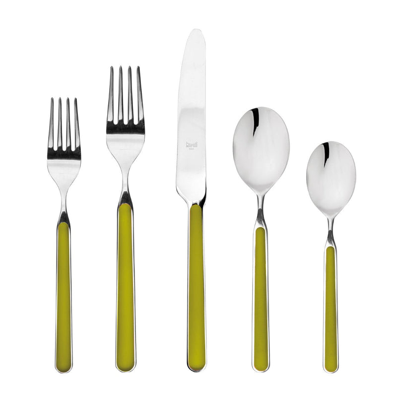 Set of silver cutlery with green handles on a white background