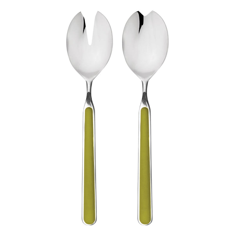 Two silver salad servers with green handles on a white background