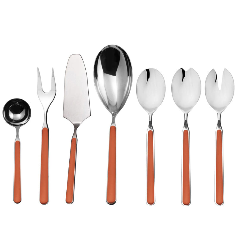 Set of silver cutlery with orange handles on a white background
