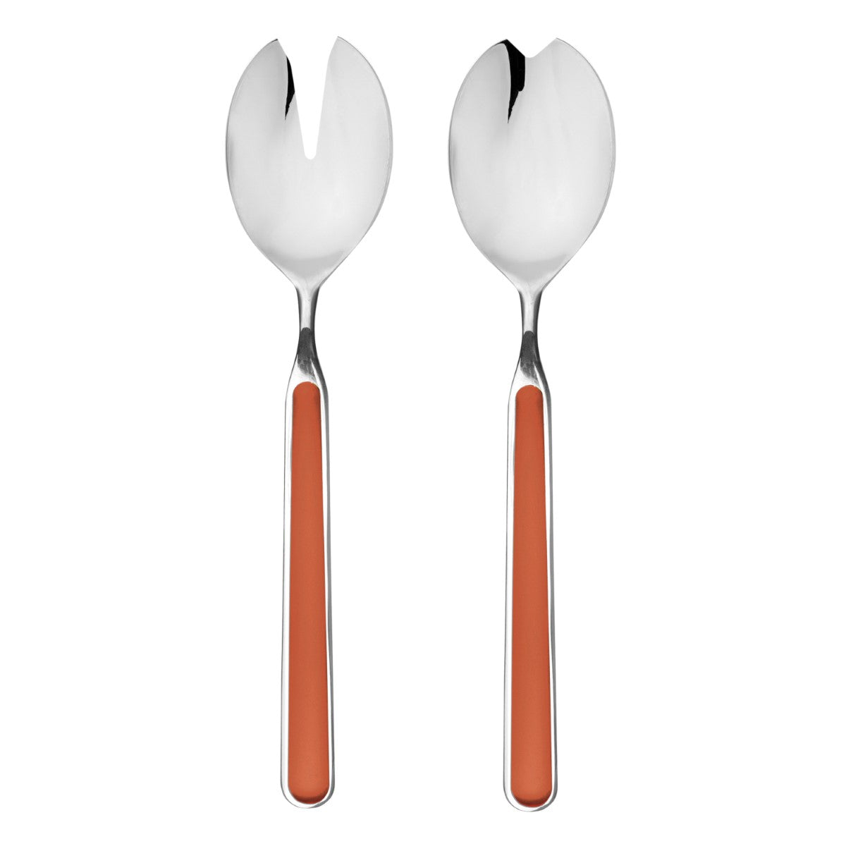 Two silver salad servers with orange handles on a white background