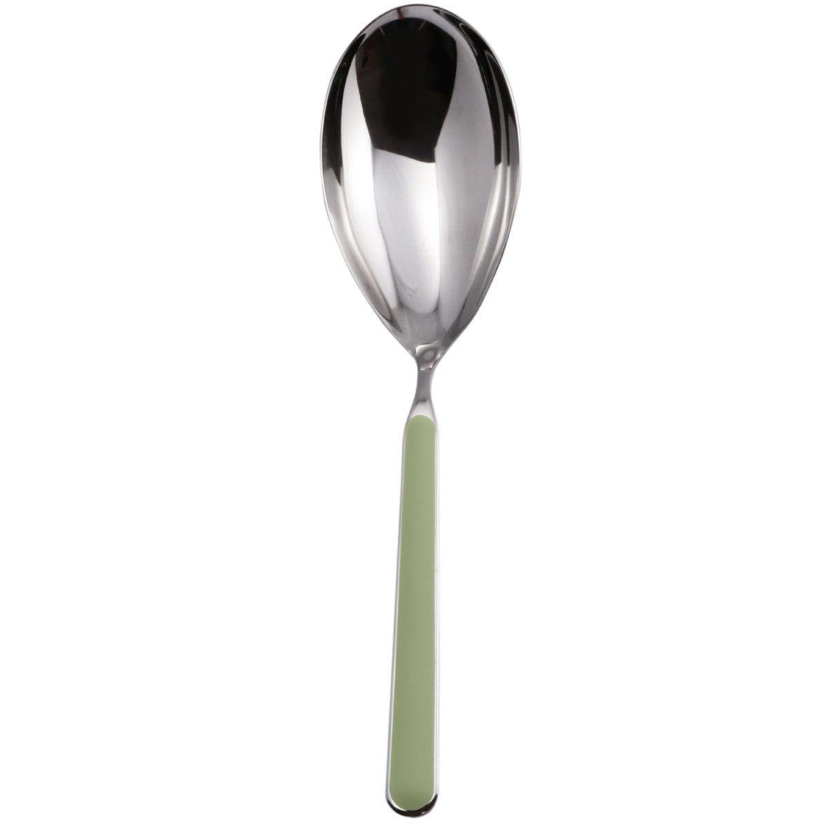 Silver spoon with a green handle on a white background