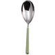 Silver spoon with a green handle on a white background