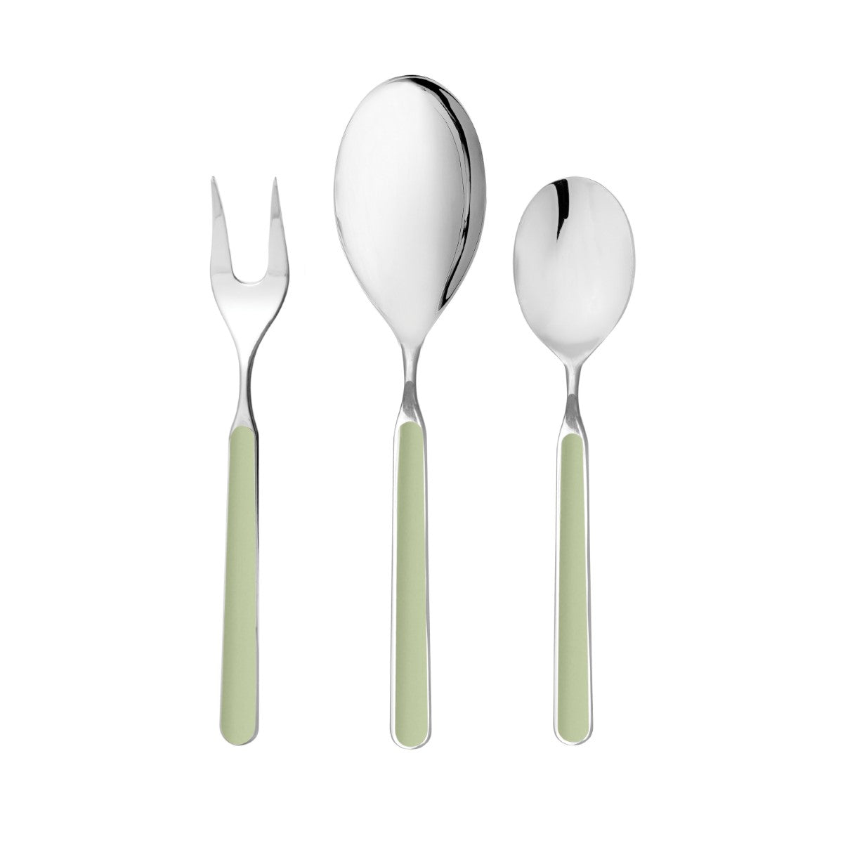 Set of silver cutlery with green handles on a white background