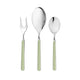 Set of silver cutlery with green handles on a white background