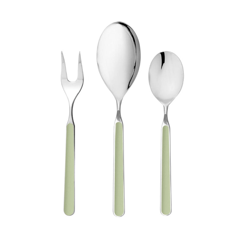 Set of silver cutlery with green handles on a white background