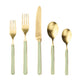 Set of gold cutlery with green handles on a white background