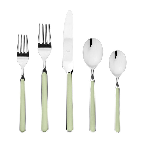 Set of silver cutlery with green handles on a white background