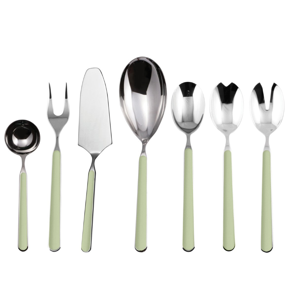 Set of silver cutlery with green handles on a white background