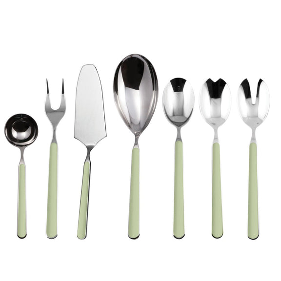Set of silver cutlery with green handles on a white background