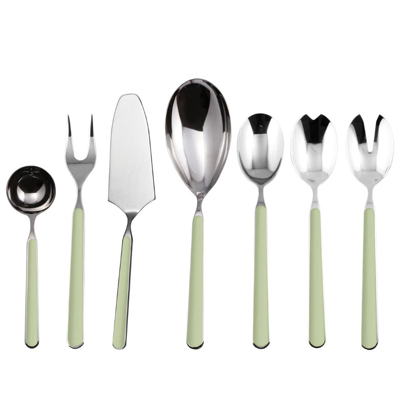 Set of silver cutlery with green handles on a white background