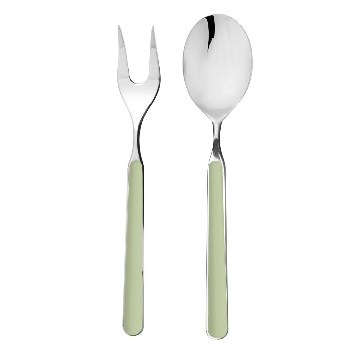 Spoon and fork with light green handles on a white background
