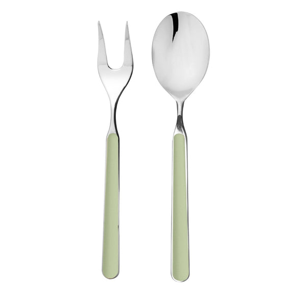 Spoon and fork with light green handles on a white background