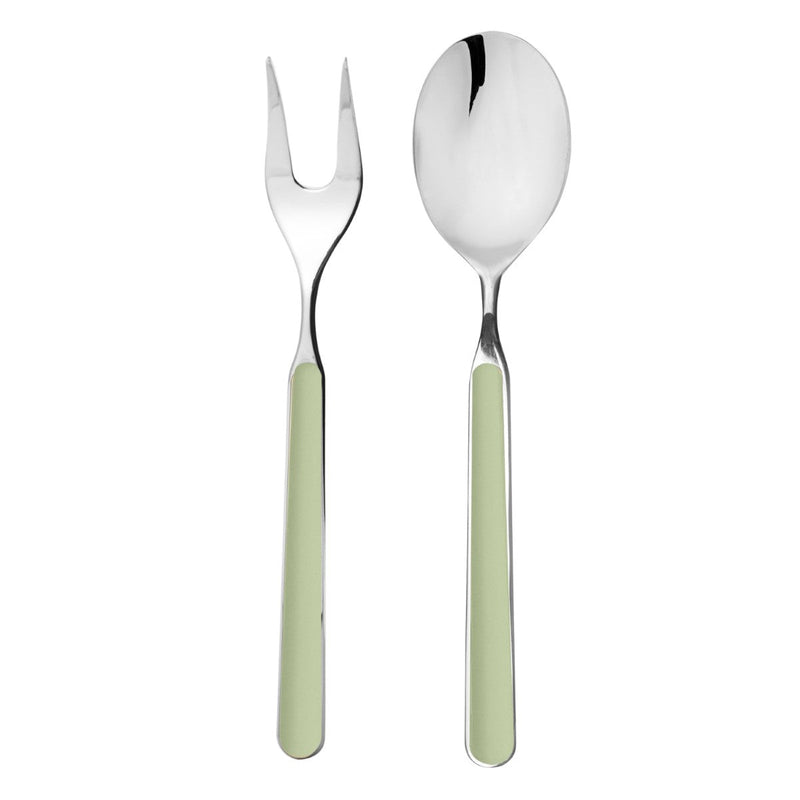 Spoon and fork with light green handles on a white background