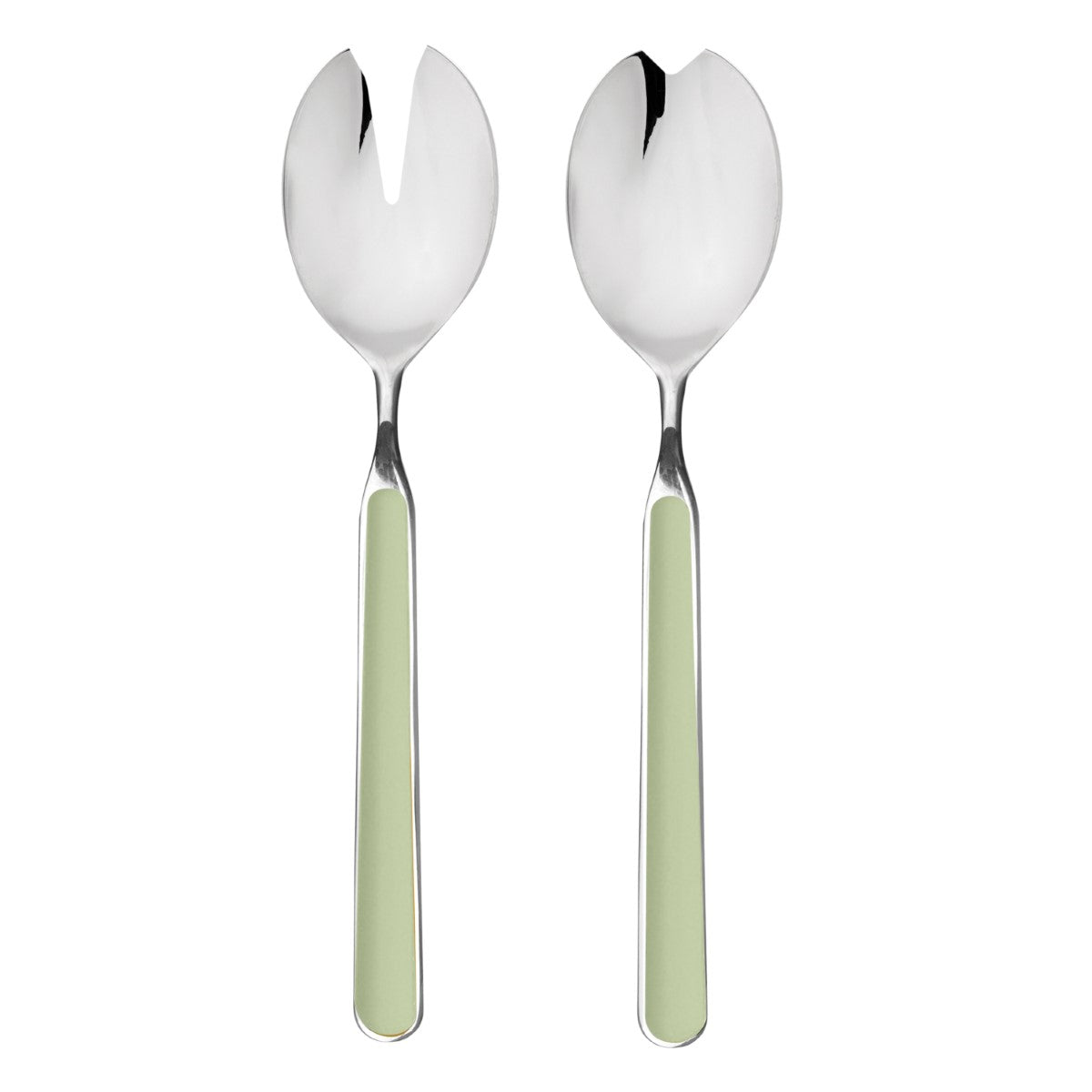 Two silver salad servers with green handles on a white background