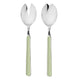 Two silver salad servers with green handles on a white background