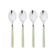 Four silver spoons with light green handles on a white background