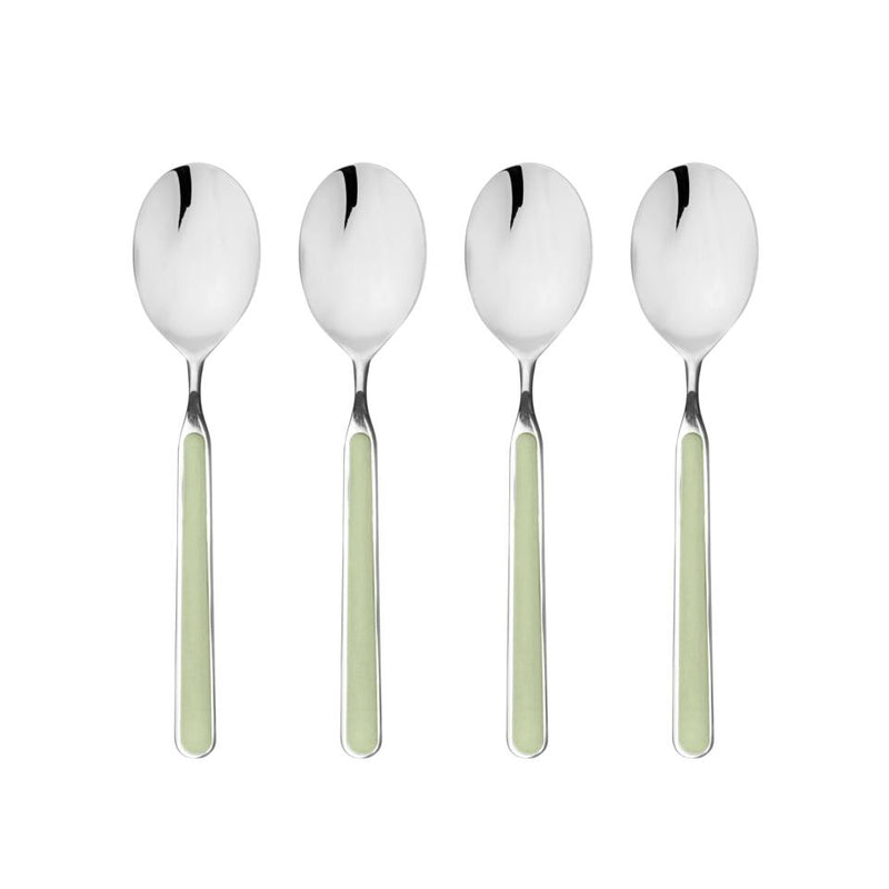 Four silver spoons with light green handles on a white background