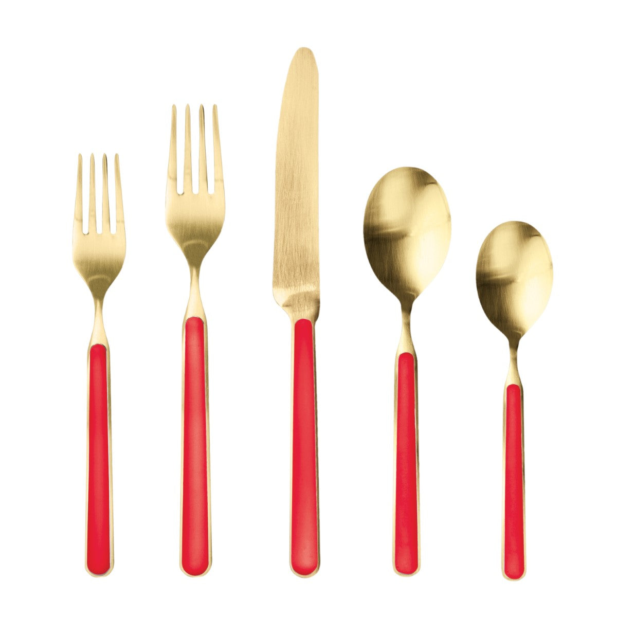 Set of gold cutlery with red handles on a white background