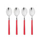 Four silver spoons with red handles on a white background