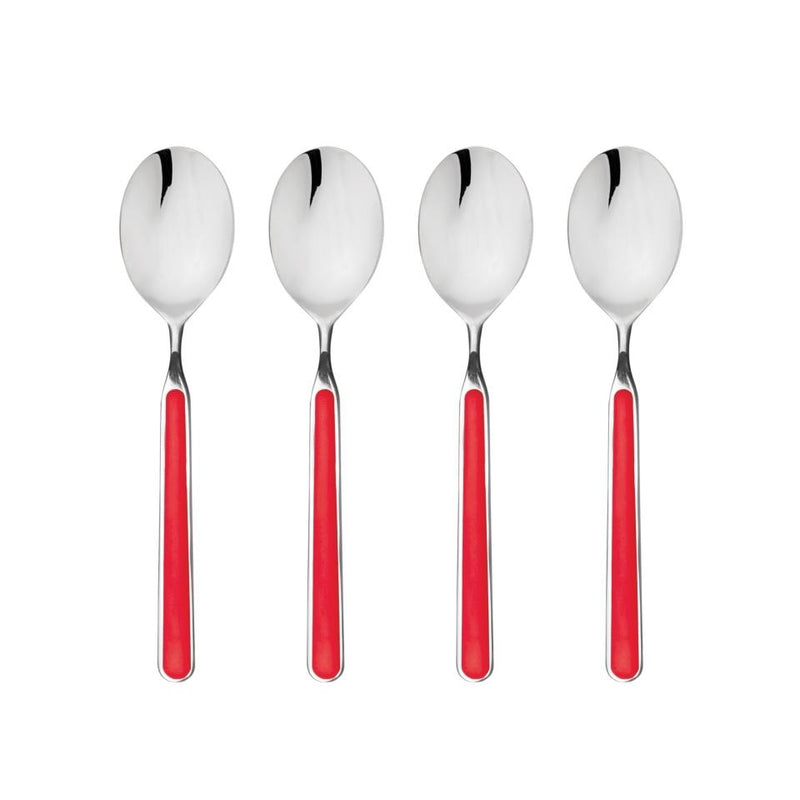 Four silver spoons with red handles on a white background
