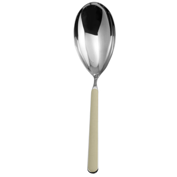 Silver spoon with a beige handle on a white background