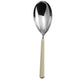 Silver spoon with a beige handle on a white background