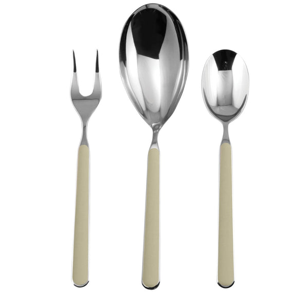 Set of silver cutlery with beige handles on a white background
