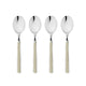 Four silver spoons with beige handles on a white background