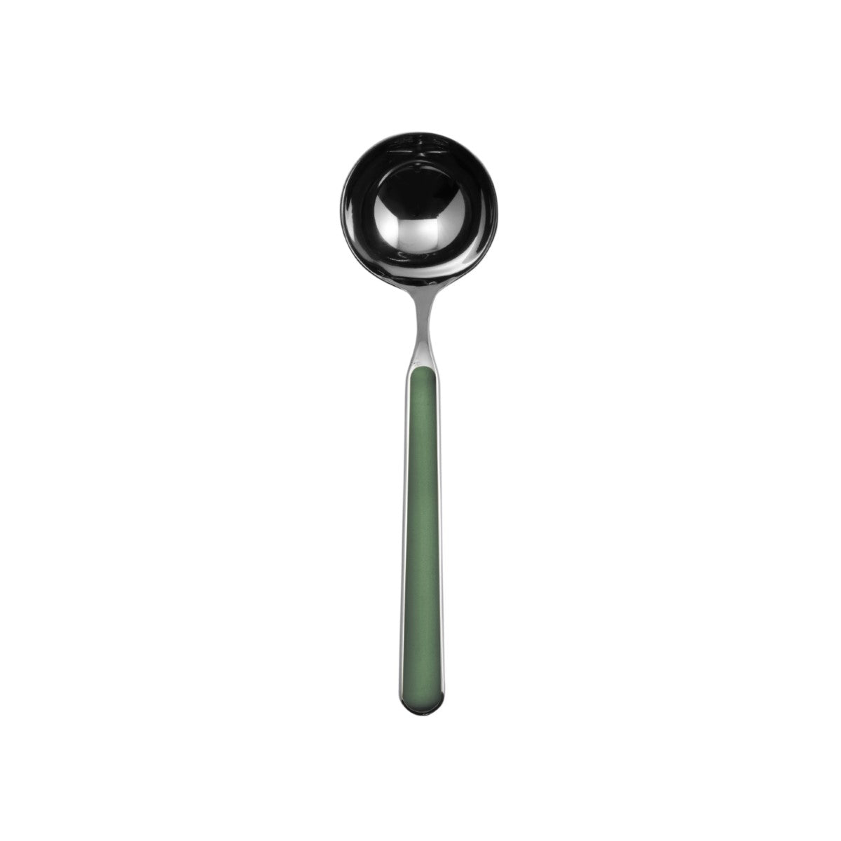 Spoon with a green handle on a white background