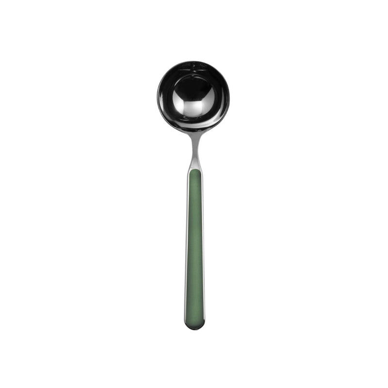 Spoon with a green handle on a white background
