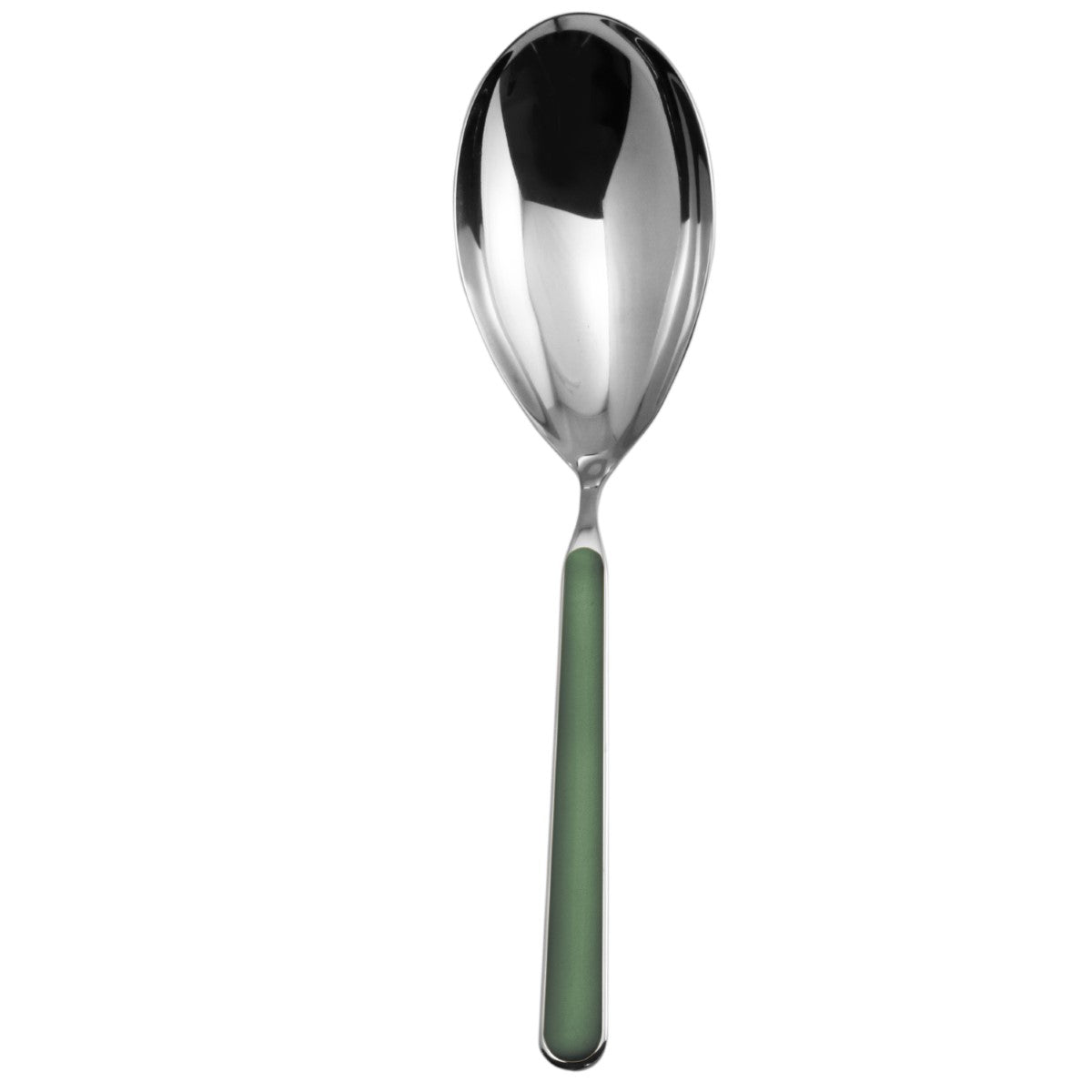 Spoon with a green handle on a white background