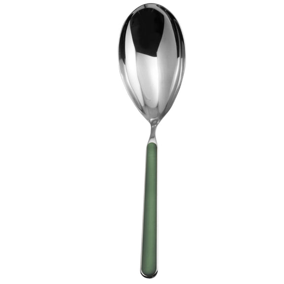 Spoon with a green handle on a white background