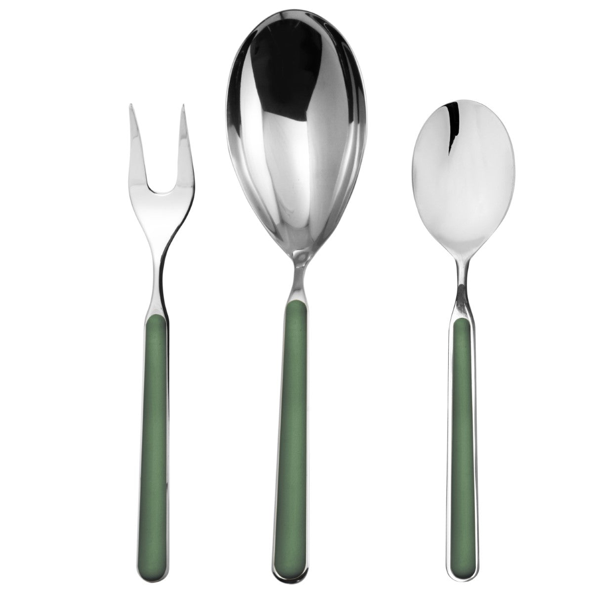 Set of silver cutlery with green handles on a white background