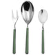 Set of silver cutlery with green handles on a white background