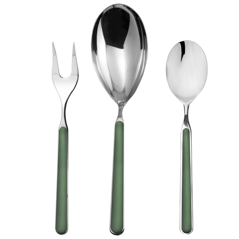 Set of silver cutlery with green handles on a white background