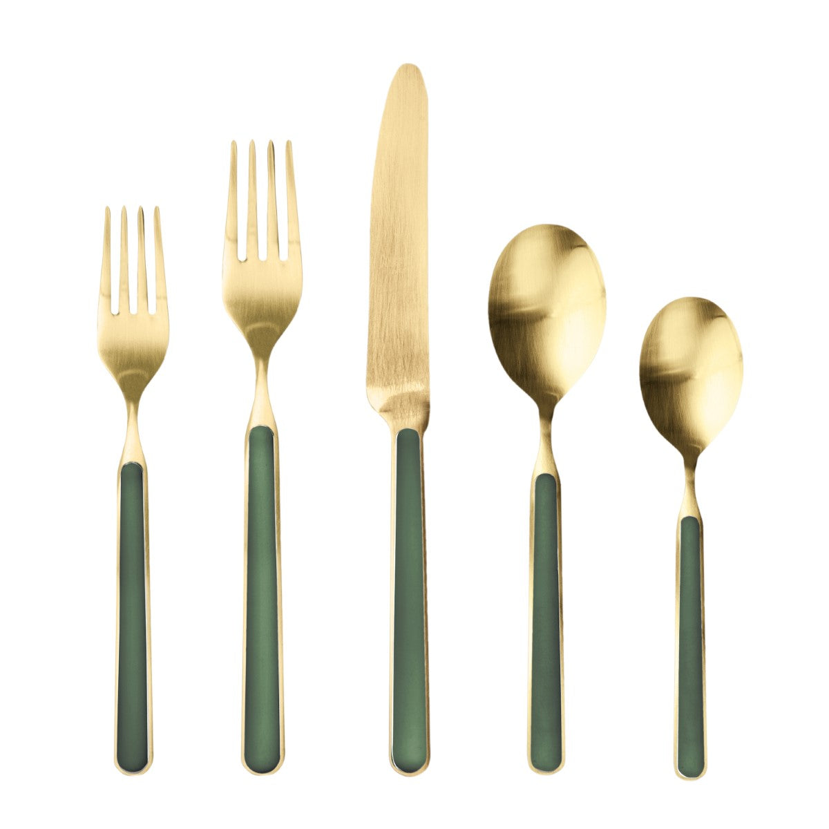 Set of gold cutlery with green handles on a white background