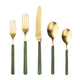 Set of gold cutlery with green handles on a white background