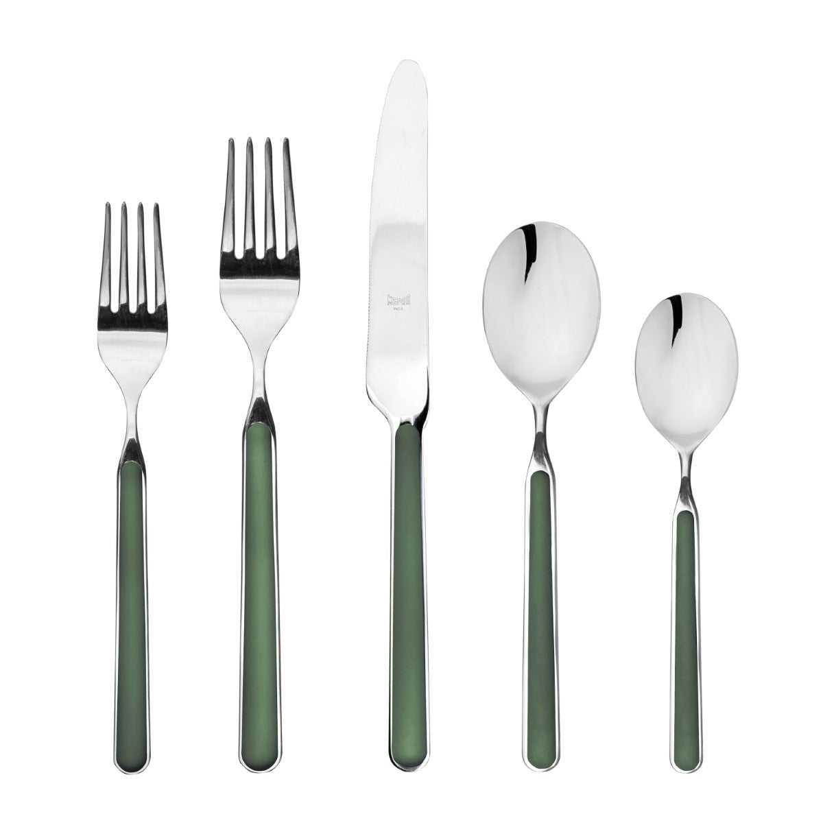 Set of silver cutlery with green handles on a white background