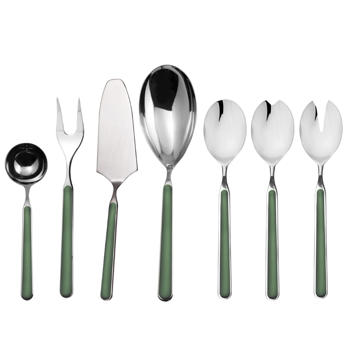 Set of silver cutlery with green handles on a white background