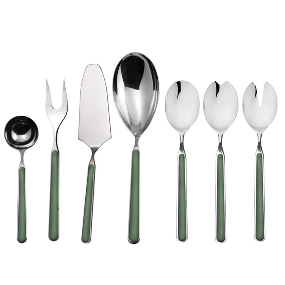 Set of silver cutlery with green handles on a white background