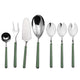 Set of silver cutlery with green handles on a white background