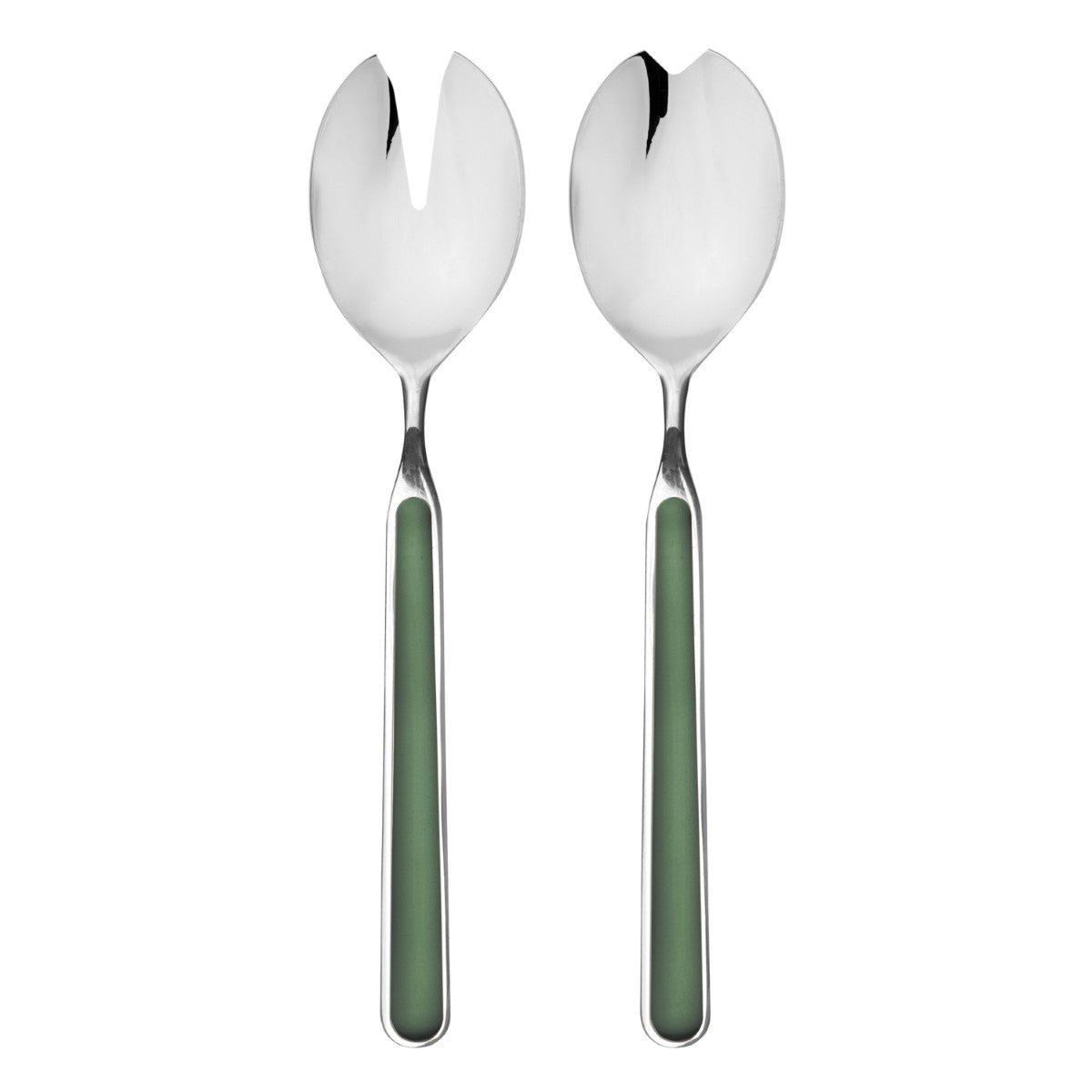 Two silver salad servers with green handles on a white background