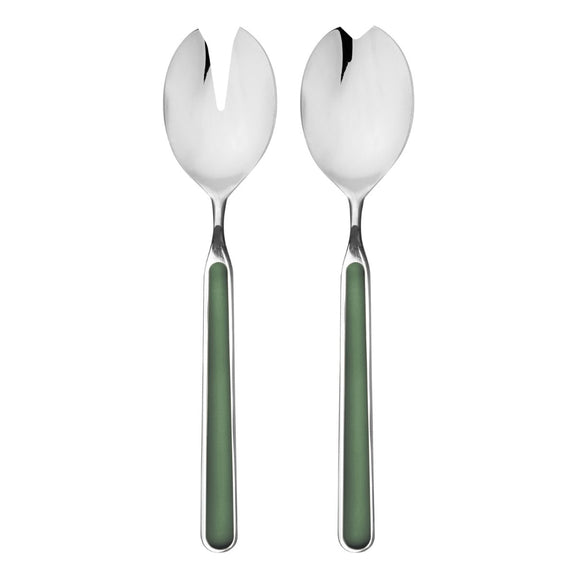 Two silver salad servers with green handles on a white background