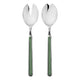 Two silver salad servers with green handles on a white background