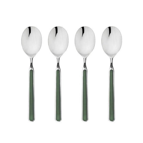 Four silver spoons with green handles on a white background