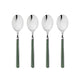 Four silver spoons with green handles on a white background