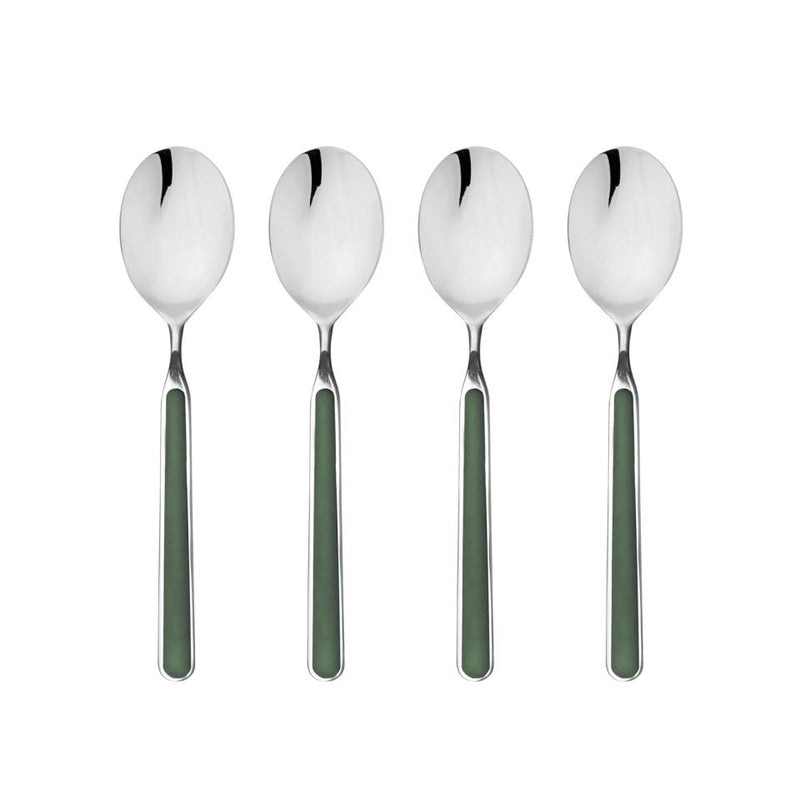 Four silver spoons with green handles on a white background