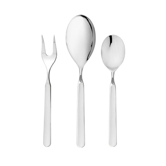 Set of silver cutlery including a fork and two spoons on a white background